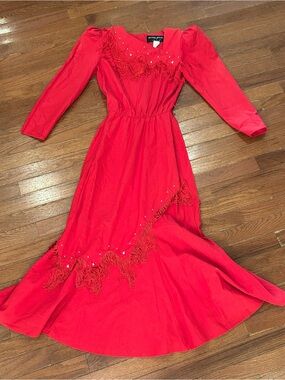 vintage Lilia Smitty red Western fringe maxi dress from the 1980s.